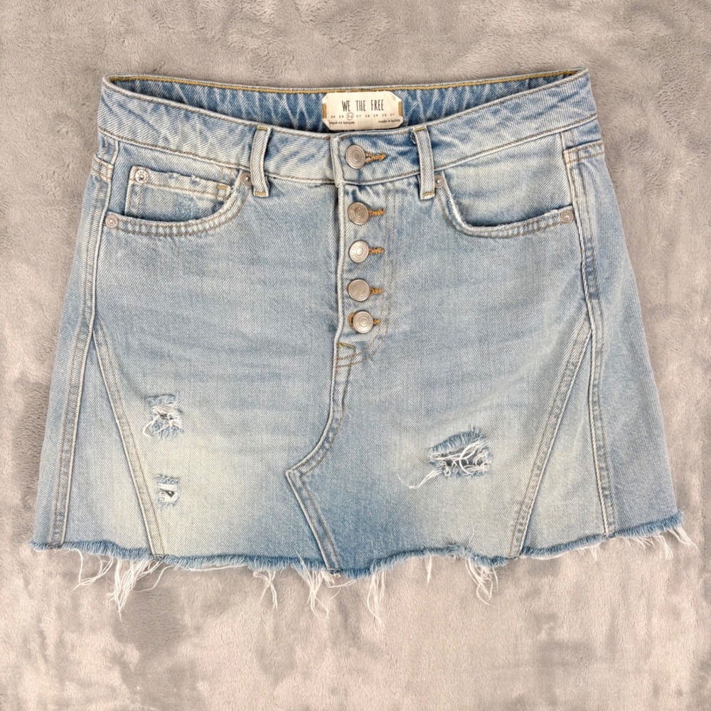 We The Free Denim Mini Skirt 26 (Fits 26x14) Button Fly Distressed Boho Festival
